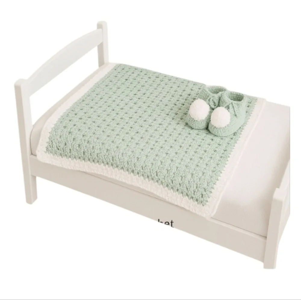 Handmade Mint White Crochet Baby Blanket Booties Set knit Tunisian Vintage Gift